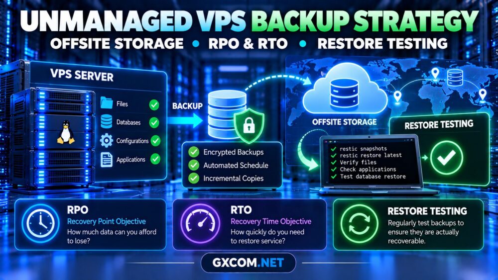 Unmanaged VPS backup strategy showing offsite storage, encrypted backups, RPO, RTO and restore testing