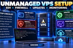 Unmanaged VPS setup checklist showing SSH security, firewall configuration, Linux updates, monitoring and backups