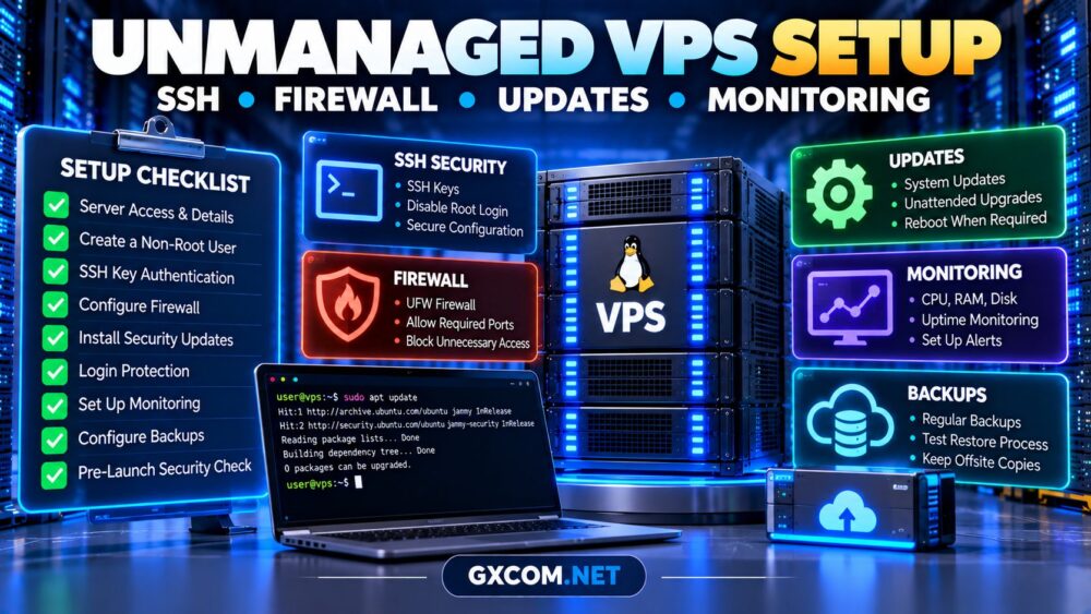 Unmanaged VPS setup checklist showing SSH security, firewall configuration, Linux updates, monitoring and backups