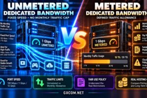Unmetered vs metered dedicated server bandwidth comparison showing port speed, traffic limits, fair use policies and hosting costs