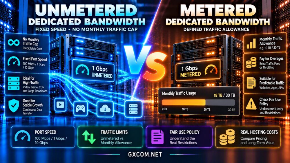 Unmetered vs metered dedicated server bandwidth comparison showing port speed, traffic limits, fair use policies and hosting costs