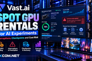Vast.ai spot GPU rentals review showing interruptible AI training, checkpoint recovery, GPU bidding and infrastructure cost risks