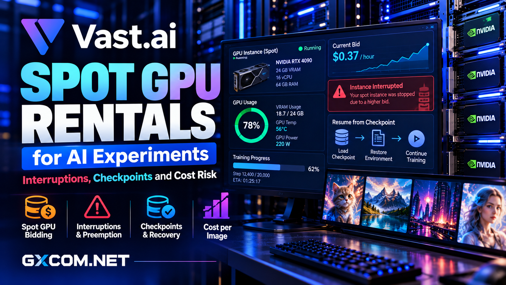 Vast.ai spot GPU rentals review showing interruptible AI training, checkpoint recovery, GPU bidding and infrastructure cost risks