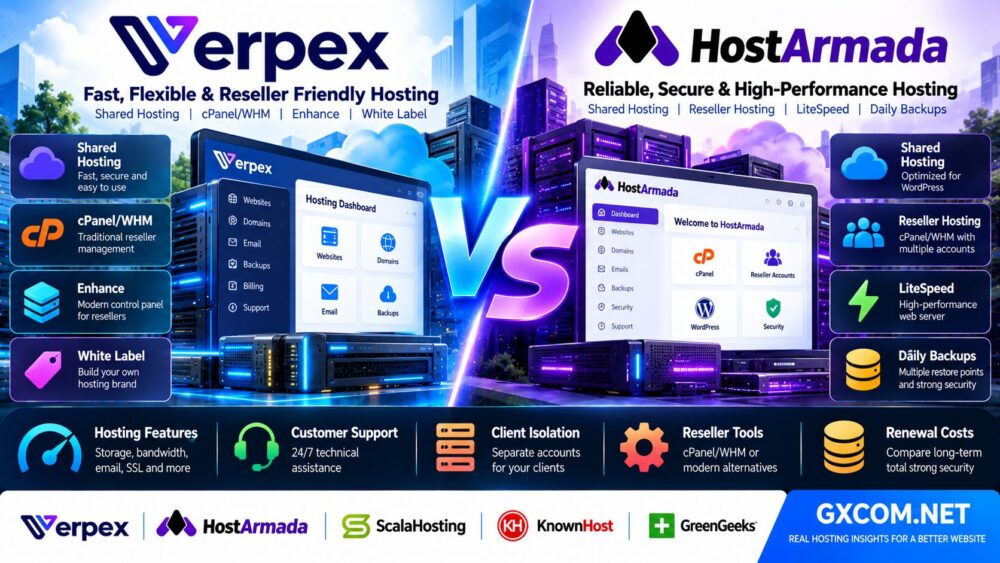 Verpex 与 HostArmada 对比：共享主机功能、技术支持及经销商方案