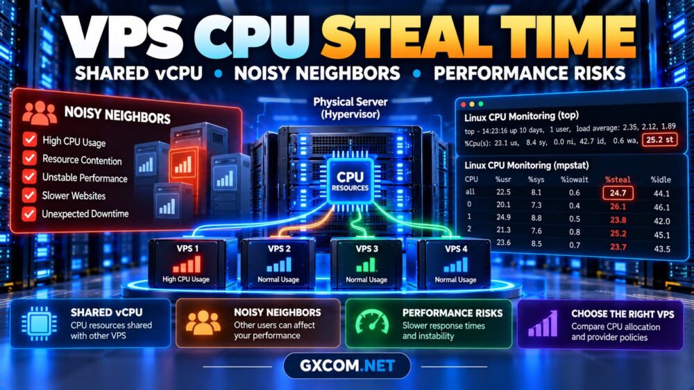 VPS CPU steal time explained with shared vCPU contention, noisy neighbors and server performance monitoring