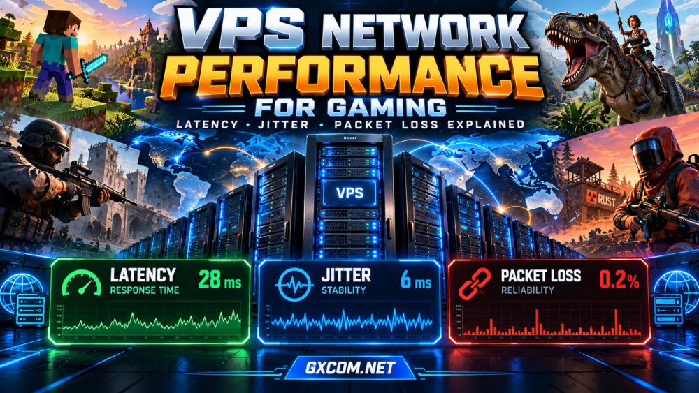 VPS network performance for gaming showing latency, jitter, packet loss and low latency server connections