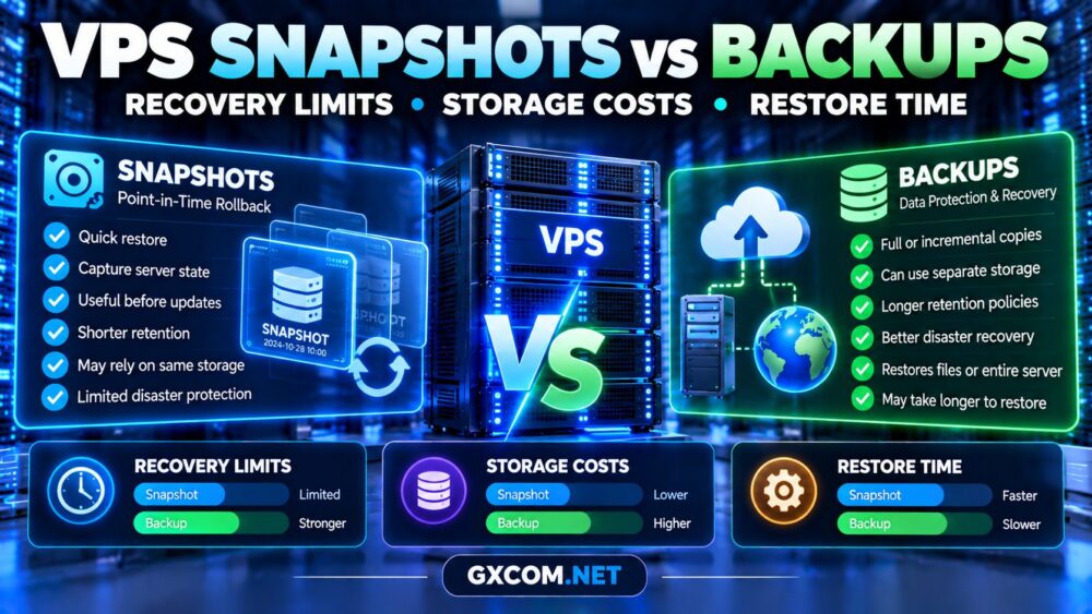 VPS snapshots vs backups comparison showing recovery limits, storage costs, restore time and data protection