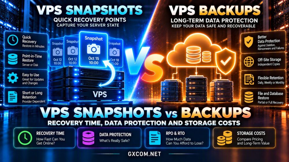 VPS snapshots vs backups comparison showing recovery time, data protection, RPO, RTO, ransomware protection and storage costs