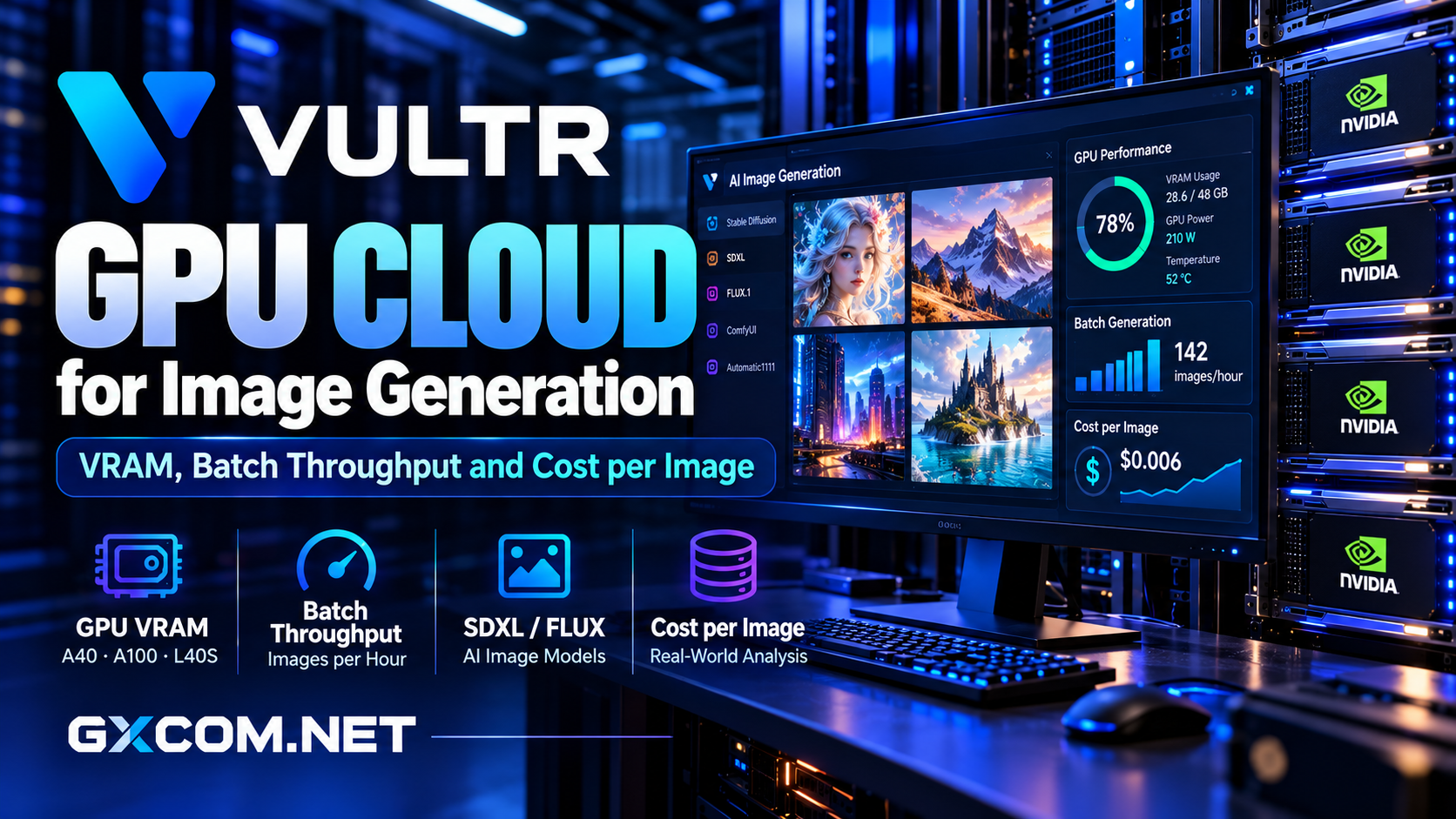 针对 AI 图像生成的 Vultr GPU 云服务评测，涵盖 NVIDIA GPU 显存、批量吞吐量、SDXL、FLUX 以及每张图像的成本