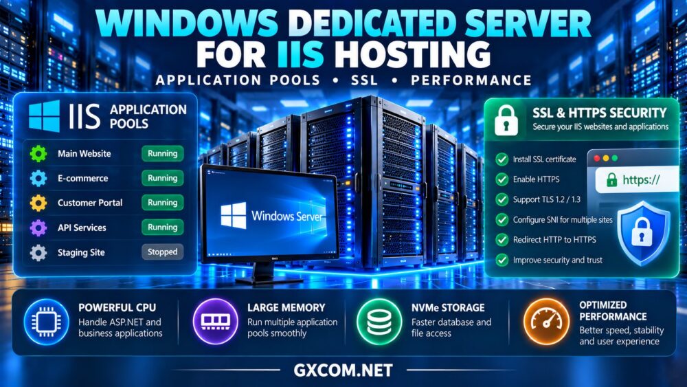 用于 IIS 托管的 Windows 专用服务器信息图,展示了应用程序池、SSL 证书、ASP.NET 性能和服务器硬件