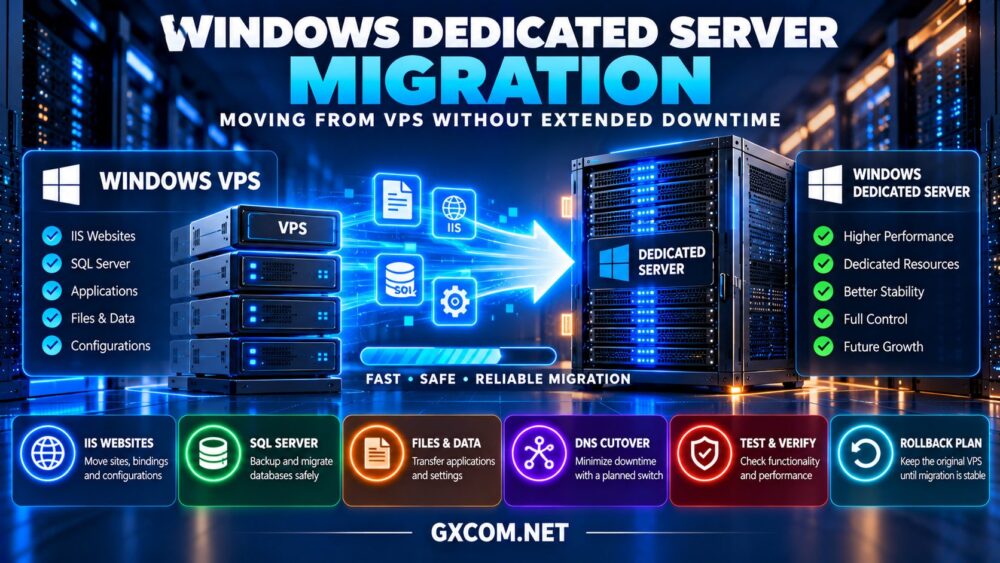 从VPS迁移至Windows专用服务器的方案，包括IIS网站迁移、SQL Server数据库迁移、DNS切换及回滚计划