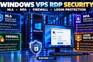Windows VPS RDP security showing Network Level Authentication, MFA, firewall rules and remote desktop login protection