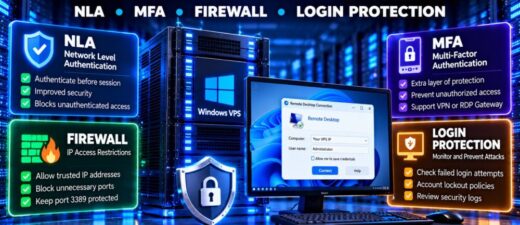 Windows VPS RDP security showing Network Level Authentication, MFA, firewall rules and remote desktop login protection