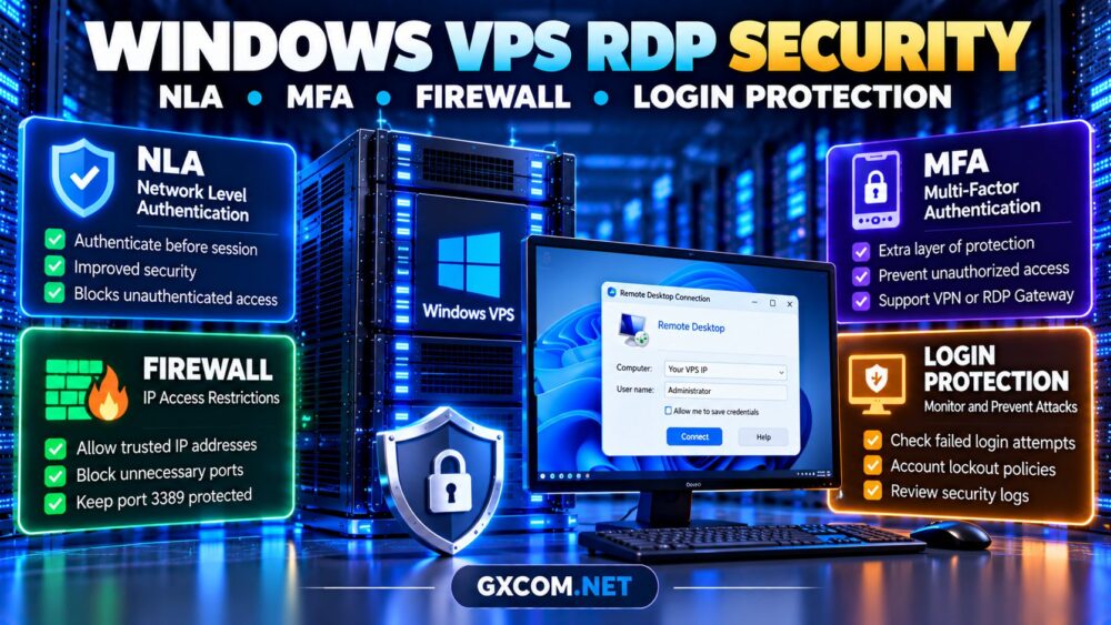 Windows VPS RDP security showing Network Level Authentication, MFA, firewall rules and remote desktop login protection