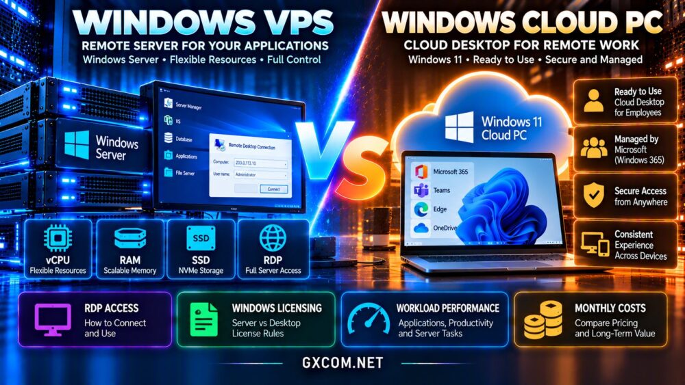 Windows VPS vs Windows Cloud PC comparison showing RDP access, Windows Server licensing, remote desktop performance and workload costs