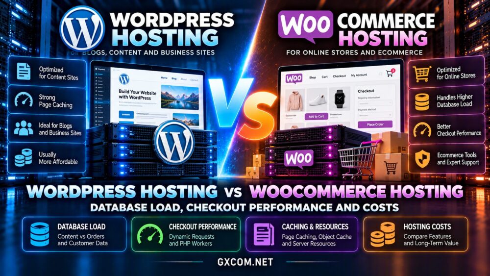 WordPress hosting vs WooCommerce hosting comparison showing database load, checkout performance, PHP workers, caching and hosting costs