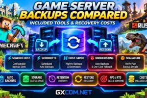 Game server hosting backups compared for Minecraft, Rust and ARK featuring automatic backups, recovery tools, storage and restoration costs