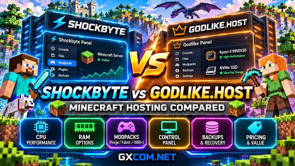 Shockbyte vs Godlike.Host Minecraft hosting comparison featuring server performance, modpacks, control panels, backups and pricing